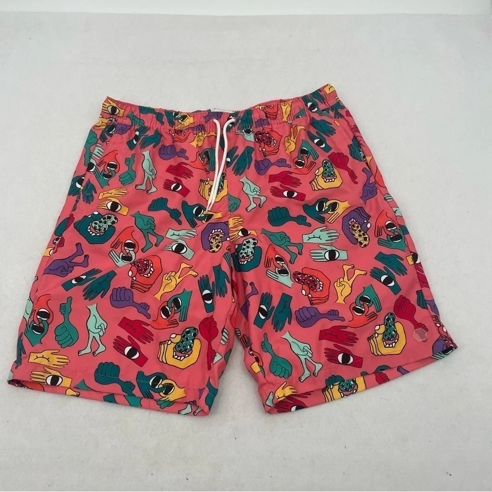 EMPYRE Men’s Swim Trunks Pink Hands/Feet print size: Large